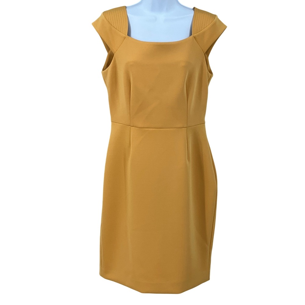 Calvin Klein Sheath Dress Women 10 Yellow Mustard Square Neck Cap Sleeve Office
